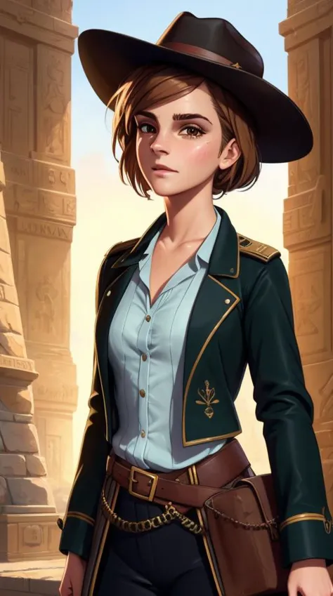 (best quality)), ((masterpiece)), ((realistic)), (detailed), portrait ((Emma Watson: 1.5) as an archaeologist), with eather cowb...