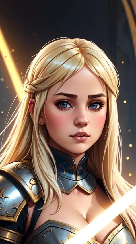 RAW image, Epic scene, sks woman, ((halfbody portrait)), photo portrait of a barbatian (((little cute girl))), pale sin, blonde hair, pretty face, with big breasts, wearing a fur and leater armor, epic medieval background, hyperdetailed, (artstation:1.5), cinematic, warm lights,, (Vector), Comics style,