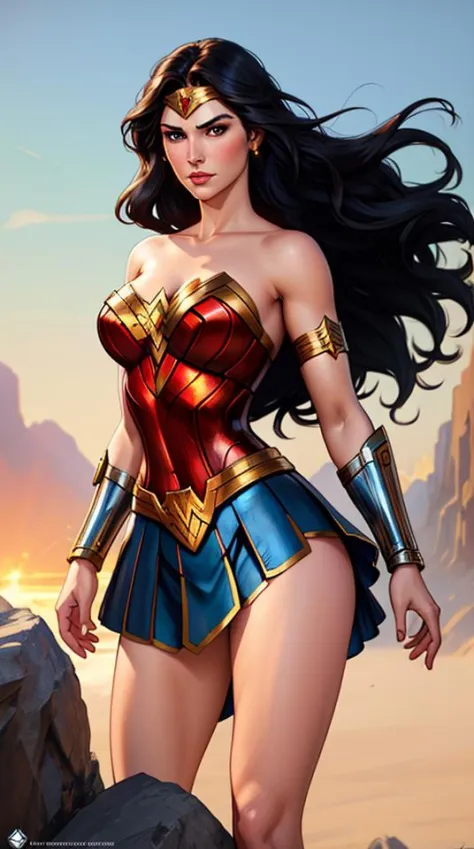 Wonder Woman, (pretty Face:1.2), (Finely detailed Face and beautiFul eyes), mature Female, muscle, mains nues, (brassard, robe blindée, entretoise, anneau de tête ), (Yeux noirs, cheveux longs noirs, Les cheveux en désordre, Floating hair), (longues jambes proportionnelles), (Meilleure qualité:1.1),(fond clair:1.2), sombre_Fantasy, Vent, objectif 35 mm, F/1.4, 8k, ((chef-d&#39;œuvre)), tendance sur artstation, Deviantart, beaucoup, Rutkowski, artgerme