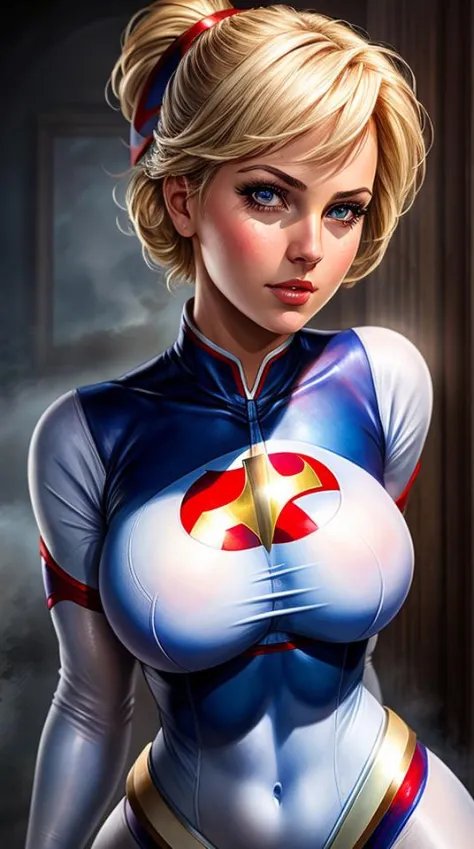 Closeup photo portrait of Powergirl, atmospheric scene, masterpiece, best quality, (detailed beautiful face, detail skin texture...