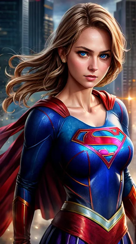 Closeup photo portrait of Supergirl, atmospheric scene, masterpiece, best quality, (detailed beautiful face, detail skin texture...