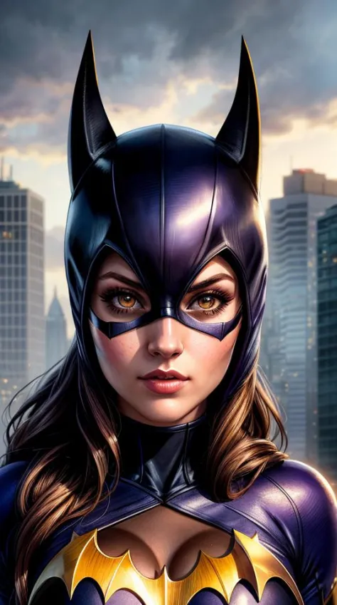 Portrait photo en gros plan de Batgirl, scène atmosphérique, chef-d&#39;œuvre, Meilleure qualité, (beau visage détaillé, détail de la texture de la peau, corps ultra détaillé:1.1),