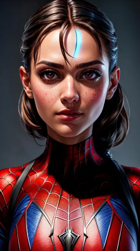 Closeup photo portrait of female Spiderman, atmospheric scene, masterpiece, best quality, (detailed beautiful face, detail skin ...