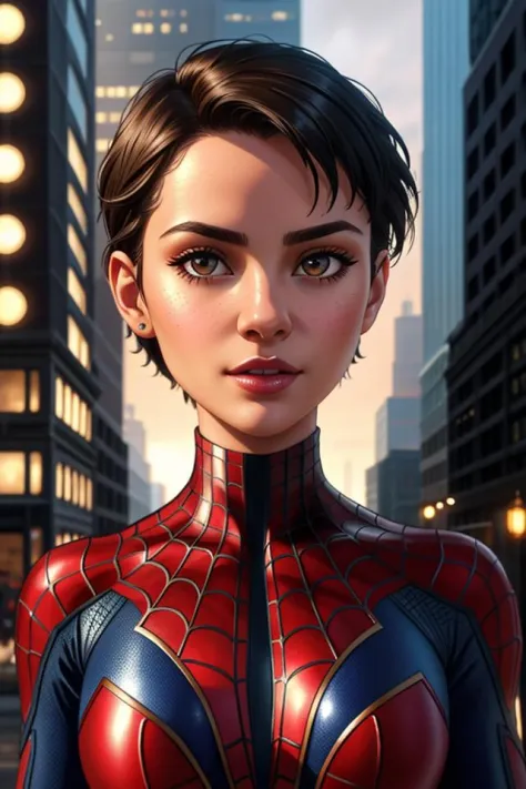 Closeup fullbody portrait of teeny female Spiderman, gnger short hair, city, intricate background, atmospheric scene, masterpiec...