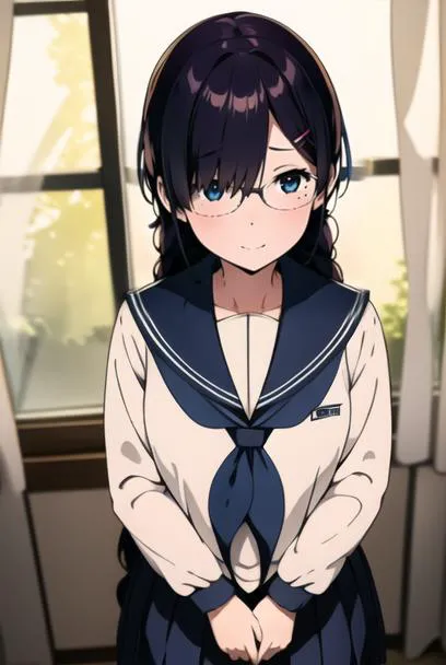 anime girl in uniform standing in front of a window with her hands in her pockets