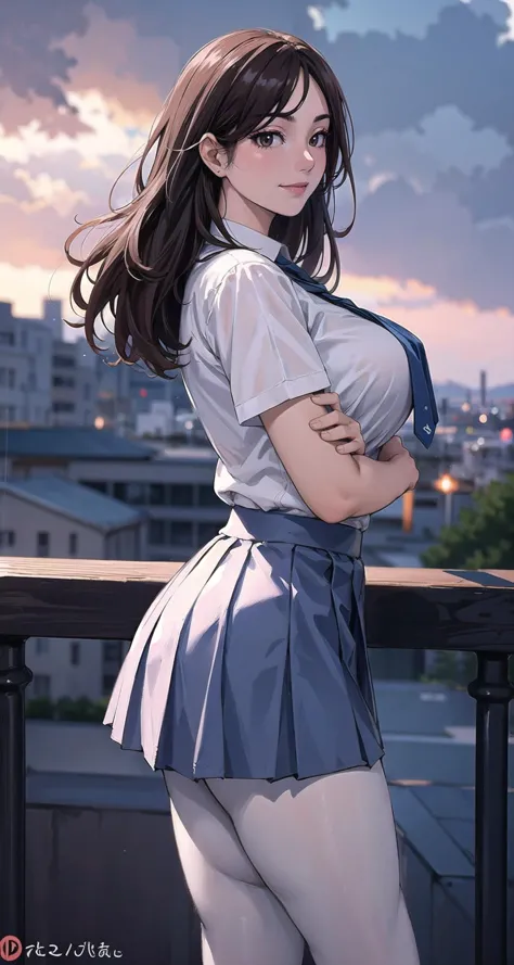 anime girl in a short skirt posing on a balcony with a city in the background