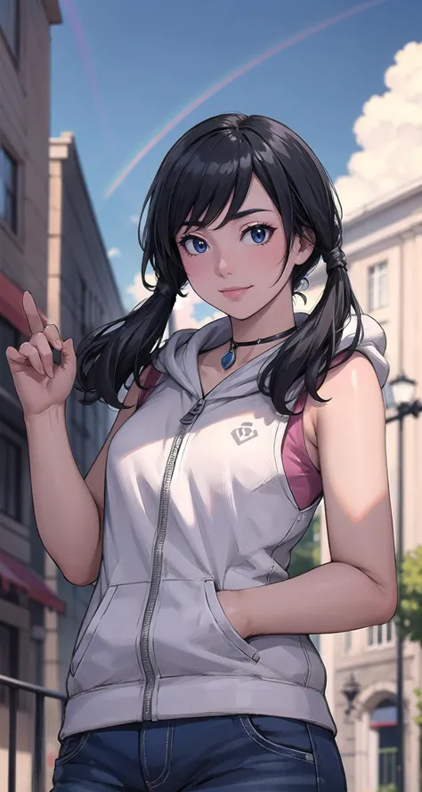 anime girl with long black hair and blue eyes in a white shirt