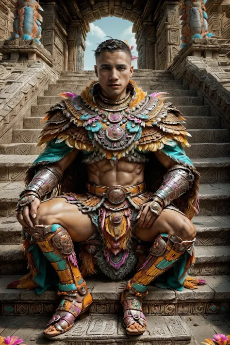 a man in a costume sitting on a set of steps