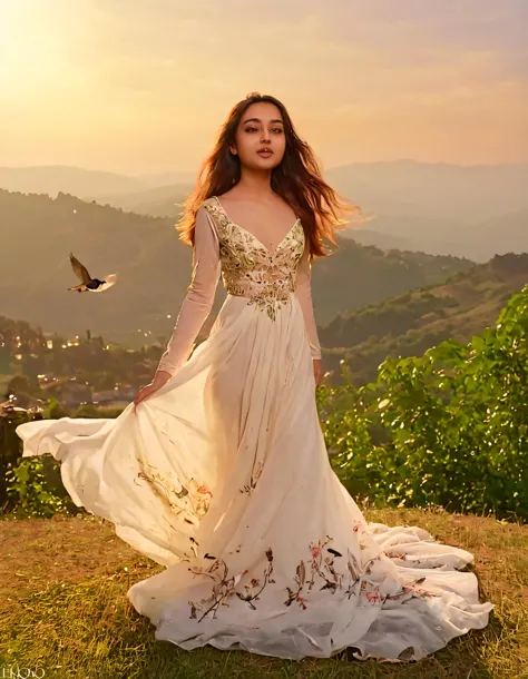 Capturing the essence of a stunning young woman named Zara Dar within a breathtaking landscape, this photo immortalizes her youthful beauty amidst a vast golden meadow as she dons an ethereal white gown inspired by exquisite craftsmanship, her long tresses blowing gently in the breeze, and the warm sunset painting the horizon with radiant colors. Dressed to perfection, she appears poised and confident as she gazes deep into the distance, embodying passion and tenderness through romance, while the soft but powerful lighting accentuates every intricate detail of her dress, skin, and surroundings, incorporating the stunning panoramic view beyond that features lush green foliage, graceful birds soaring through the sky, and the distant silhouette of a charming village nestled in the mountains. The couple's tender embrace stands out against this dreamy backdrop, as each holds onto the other, their expressions revealing an emotional depth of love, devotion, hope, and fear, all blended together in a timeless moment that transcends space and time. <lora:gtyzrs18fa7cfedb2z1fc:1>