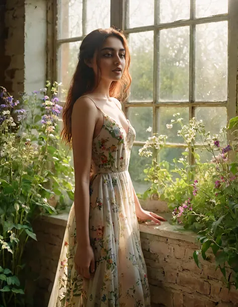 Captured in a stunning photograph by Zara Dar, the radiant young woman with her ethereal porcelain skin seemingly glows beneath the diffused sunlight streaming through tall glass windows, creating an enchanting atmosphere as she stands poised in a vintage-inspired gown amidst the rustic countryside setting adorned with lush green foliage and vibrant wildflowers. <lora:gtyzrs18fa7cfedb2z1fc:1>