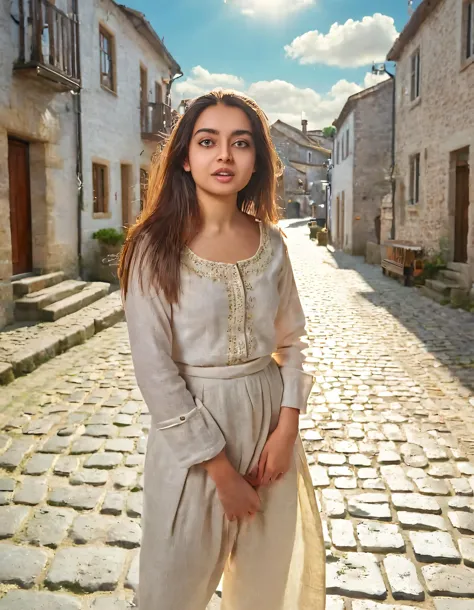 In this stunning photograph capturing Zara Dar, the breathtakingly gorgeous young woman gracefully poses solo on an ancient cobblestone street within a picturesque European village, dressed in a linen ensemble with golden threads, basking under warm sunlight as she gazes at the glorious blue sky dotted with fluffy white clouds, exhibiting a mesmerizing scene that perfectly encapsulates her strength and vulnerability. <lora:gtyzrs18fa7cfedb2z1fc:1>