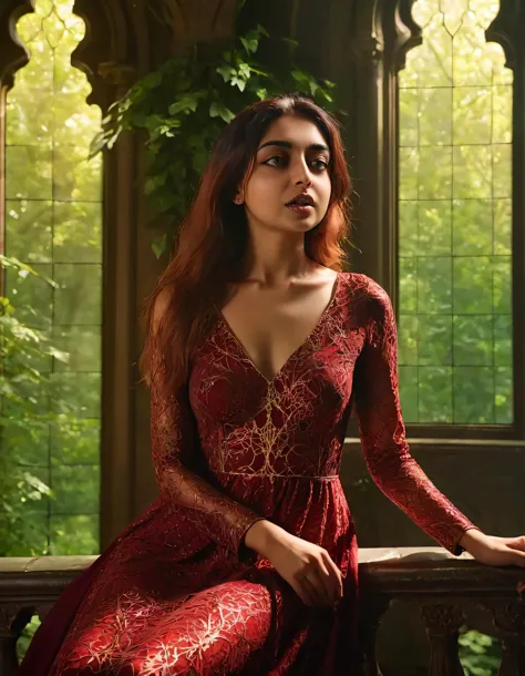 a woman in a red dress sitting on a bench in a room