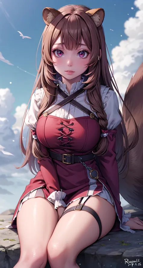 (masterpiece),(intricate details),1girl,mature female,pale skin,large breasts:1.49,curious face
BREAK 
raphtalia, <lora:raphtaliatest:1>, raphtalia, animal ears, brown hair, long hair, raccoon ears, raccoon girl, raccoon tail, (red eyes:1.5), tail, BREAK arm garter, belt, brown belt, brown dress, dress, juliet sleeves, long sleeves, puffy sleeves, short dress
BREAK
day,snow,windy,blue sky,ice,((cumulonimbus)),((sit on the anywhere)),
((portrait)),from below:1.4,depth of field,looking at viewer