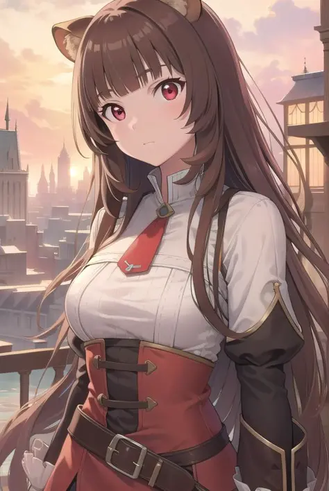 raphtalia, raphtalia, animal ears, brown hair, long hair, raccoon ears, raccoon girl, raccoon tail, (red eyes:1.5), tail,
BREAK arm garter, belt, brown belt, brown dress, dress, juliet sleeves, long sleeves, puffy sleeves, short dress,,
BREAK looking at viewer,
BREAK outdoors, city,
BREAK (masterpiece:1.2), best quality, high resolution, unity 8k wallpaper, (illustration:0.8), (beautiful detailed eyes:1.6), extremely detailed face, perfect lighting, extremely detailed CG, (perfect hands, perfect anatomy),