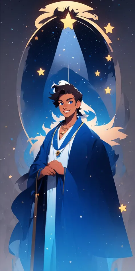 vector art style  ,s, 20 year young male prince,male,stars,magic, night , black and blue theme, <lora:epi_noiseoffset2:1>  simple blue robe,smile, brown combed hair,smile, necklace, detailed blue eyes, cowboy shot, full lips,
 <lora:MW_ä¸å£èæå¹³æç»v11:1>