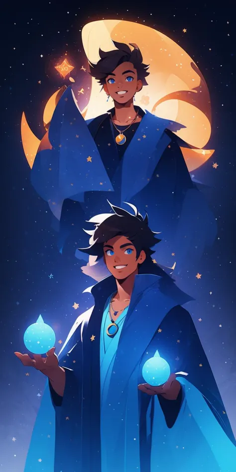 vector art style  ,s, 20 year young male prince,male,stars,magic, night , black and blue theme, <lora:epi_noiseoffset2:1>  simple blue robe,smile, brown combed hair,smile, necklace, detailed blue eyes, cowboy shot, full lips,
 <lora:MW_ä¸å£èæå¹³æç»v11:1>