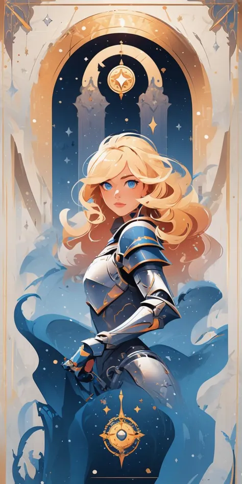 vector art style  ,Malin Akerman,blue eyes,blonde curly hair,silver knight ,metallic arm,gauntlets, tarot, symmetry, from front
 <lora:MW_ä¸å£èæå¹³æç»v11:1>