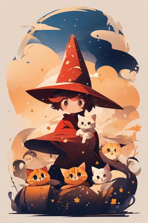 vector art style,<lora:epi_noiseoffset2:1> , red robe, chibi, witch hat, children, pet, kitten
 <lora:MW_ä¸å£èæå¹³æç»v11:1>