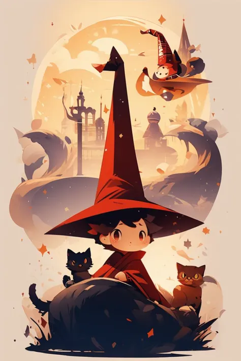 vector art style,<lora:epi_noiseoffset2:1> , red robe, chibi, witch hat, children, pet, kitten
 <lora:MW_ä¸å£èæå¹³æç»v11:1>