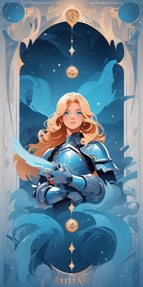 vector art style, (solo:1.2), green and blue theme ,blue eyes,blonde curly hair,silver knight ,metallic arm,gauntlets, tarot, symmetry, from front
 <lora:MW_ä¸å£èæå¹³æç»v11:1>