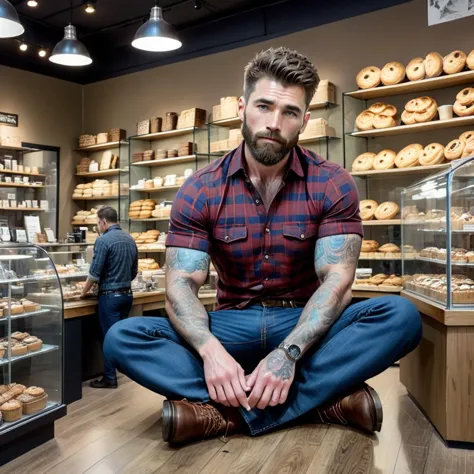 arafed man sitting on the floor in front of a bakery counter