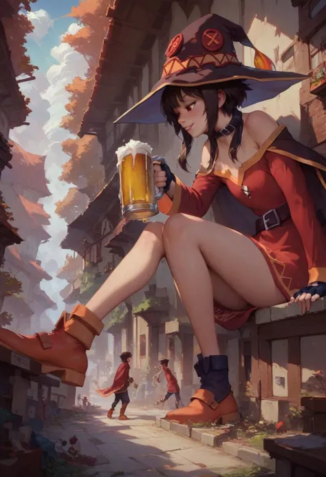 score_9, score_8_up, score_7_up, 1girl, 1boy, couple, (mesogts, giantess), Megumin, Kazuma, guild hall, beer