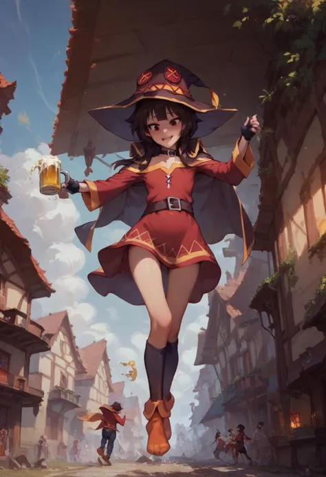 score_9, score_8_up, score_7_up, 1girl, 1boy, couple, (mesogts, giantess), megumin, kazuma, guild hall, beer