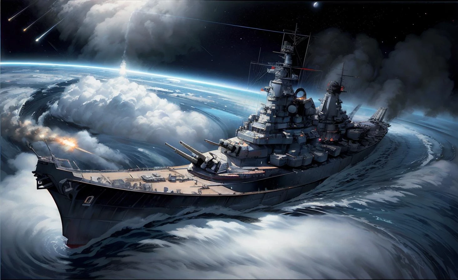 картина линкора в космосе, ракетный двигатель, на орбите над Землей, автор Шин Ханга, матовая картина, Прецизионизм 