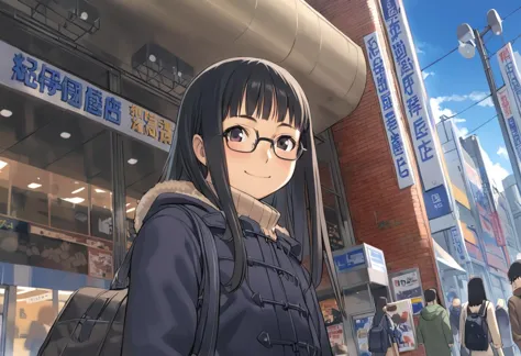 best quality, ultra-detailed, illustration, 
1girl, solo, glasses, black hair, long hair, duffle coat, black bag, smile, looking at viewer, solo focus,
kinokuniya, storefront, scenery, outdoors, close-up, window, sign
