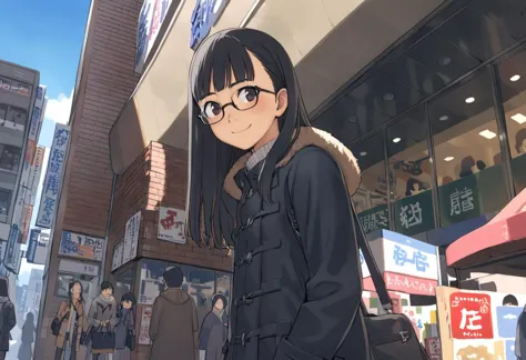 best quality, ultra-detailed, illustration, 
1girl, solo, glasses, black hair, long hair, duffle coat, black bag, smile, looking...