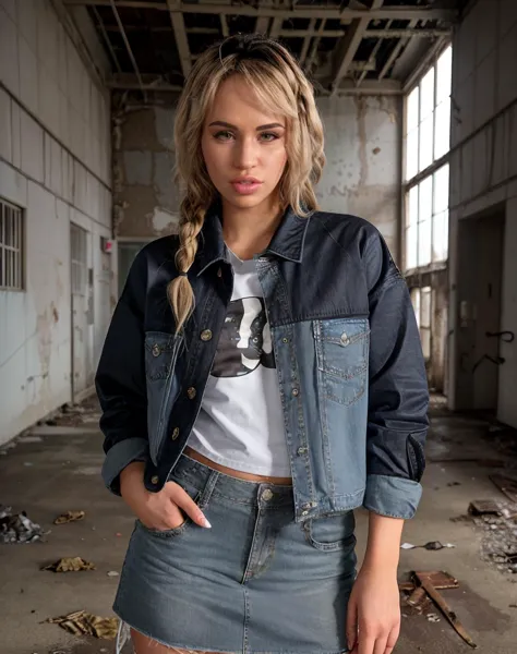 arafed woman in a denim jacket and skirt posing for a picture