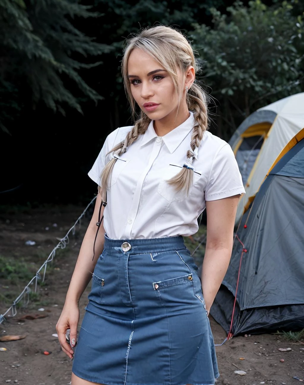 photo cinématographique AleskaDiamondQuiron femme portant une chemise à col en chambray portée ouverte avec une jupe évasée en jean et des baskets blanches., campement de barbelés, défenses de fortune, survivants méfiants, vigilance constante, . photographie 35 mm, film, bokeh, Professionnel, 4K, très détaillé