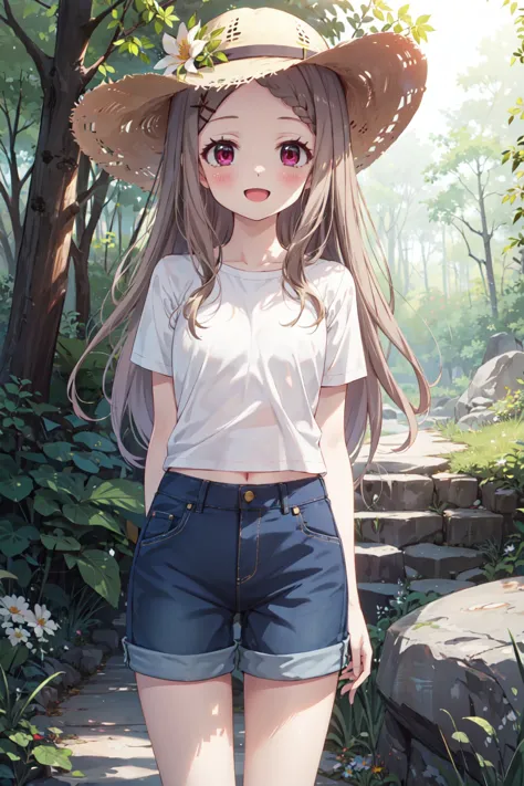 masterpiece, high quality, <lora:yns-aoba-kokona:0.9> aoba kokona, white shirt, denim shorts, :d, arms behind back, forest, path, flower, rock, sun hat,