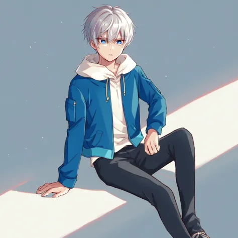 anime boy sitting on a surfboard with a blue jacket