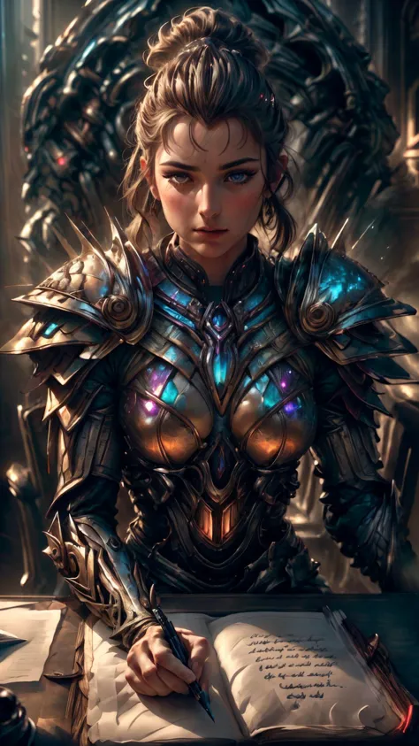 a profestional picutre of 1man, warrior with bismuth armor <lora:Clothing - Bismuth Armor:0.7> bismuth4rmor , <lora:NightmarishAIv2:1.2> nightmarishai Reflective Writing: Seated at a desk, they write in a journal with thoughtful deliberation. Their pen moves slowly across the paper as they capture their inner musings. , camera angle close-up and cropped legs, photorealism,unreal 5 daz,perfectly drawed hands,perfectly drawed face,perfect body,extremely detailed artgerm greg rutkowski greg,((ultrasharp)),((masterpiece)),((best quality)),((ultradetailed)),((intricated details)),ultradetailed character,detailed face,intricated face details,<lyco:GoodHands-beta2:1>,extremaly detailed background,perfectly detailed face,character focus,intricated details of face,fFaceDetail <lora:add_detail:0.7> ultra realistic,32k,RAW photo,(high detailed skin:1.2),8k uhd,dslr,soft lighting,high quality,film grain, beautiful and aesthetic,extremely detailed