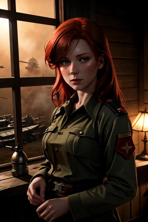 Photorealistic Highly detailed raw 8k photography masterpiece, volumetric lighting and shadows,  (Enchanting redhead in wartime ...