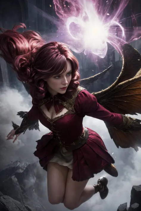 Masterpiece, best quality, (highly detailed raw photo:1. 2), 8k render in luxcore render, volumetric lighting, volumetric shadows, headshot, foreshortening, p. craig russell style old woman, velvet, Jumping with arms forming a 'Y' shape, burgundy, medium hair, ringlets, 
fairy tale fantasy, a prophecy of a chosen one to defeat an ancient evil, fantasy city