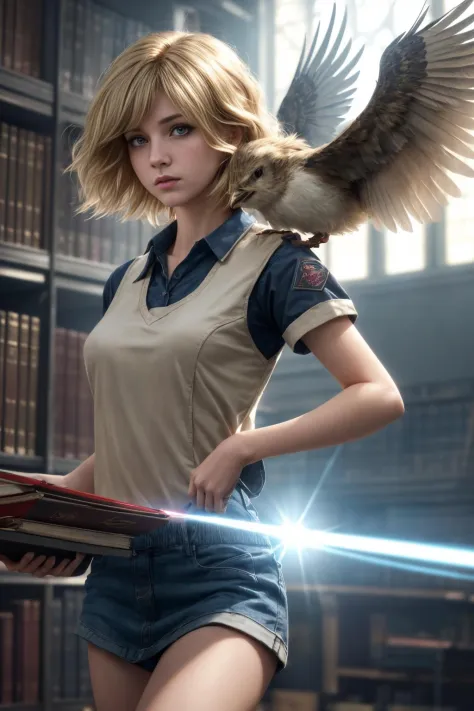 Masterpiece, best quality, (highly detailed raw photo:1. 2), 8k render in octane, volumetric lighting, volumetric shadows, abstract, lens flare abuse <lora:more_details:0.6>
teenage girl, workwear, Balancing with arms outstretched, mimicking a bird in flight, medium blonde, medium hair, choppy bob, 
a time-traveling assassin alters history, haunted library