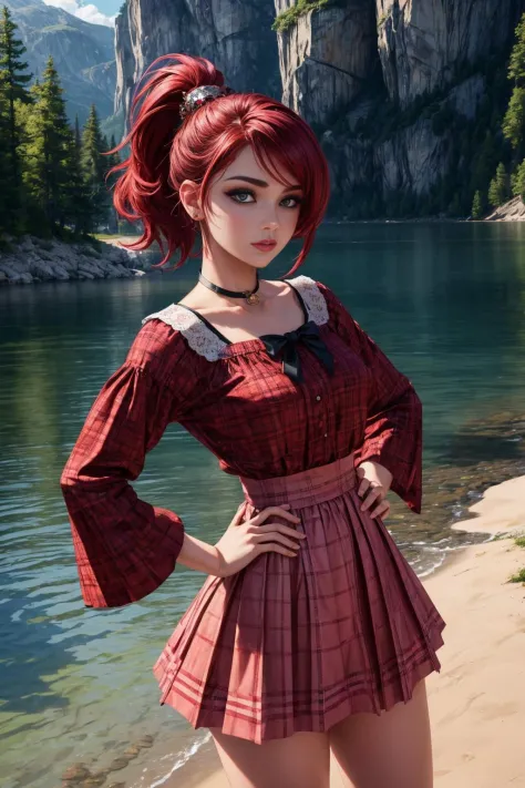 masterpiece, best quality, 8k render in octane, photorealistic highly detailed, volumetric lighting and shadows female Adolescence, Wholesome, South Asian, Violet eyes,  Wide Nose,   Hollow Cheeks, Broad Forehead,  Defined Jawline, , Ruby Red Mohawk hair, Insecurity wearing Gingham Paperbag waist skirt, Jacquard Balloon sleeve blouse, Ballet flats, ,  and, Hands on hips, displaying impatience
a surprise proposal at a scenic lake 