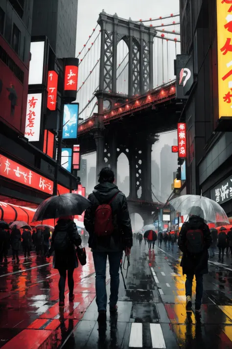 New York bridge, rain, people, canvas, japanese anime, impasto brushstrokes, Richard Schmidt, Mark Legu, Jeremy Mann