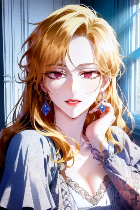 shoujo-style, shoujo, romance manhwa, 1girl, red eyes, bug, butterfly, jewelry, long hair, breasts, earrings, dress, solo, blond...