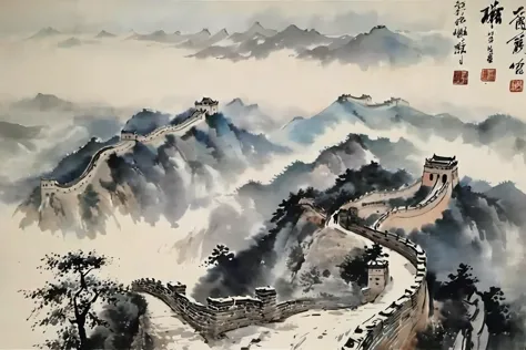 chinese ink painting, traditional media, liujiyou, great wall, mountain <lora:liujiyou-000008:0.8>