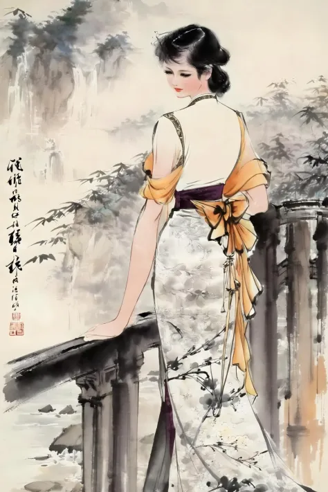 chinese ink painting, traditional media, liujiyou, 1 girl, solo, wearing cheongsam, standing on the bridge,  <lora:liujiyou-SDXL:0.8>
