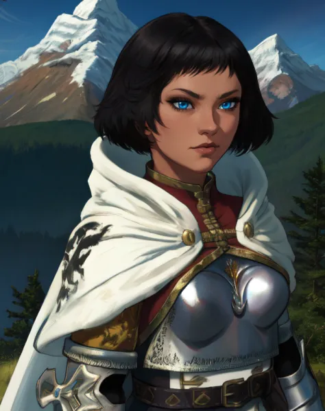 mercedes,blue eyes,black hair,
white cape,armor,chestplate,dress,belt,
standing,upper body,
camp,morning,mountains,
(insanely de...