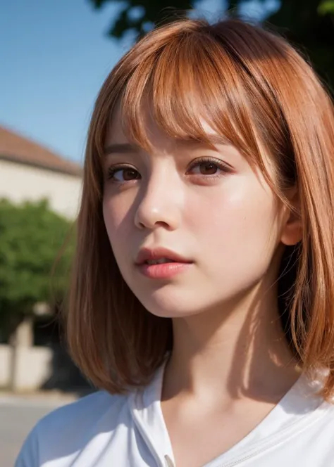 a close up of a woman with a white shirt and red hair