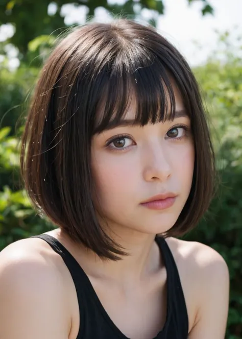 a close up of a young woman with a black top and a black tank top