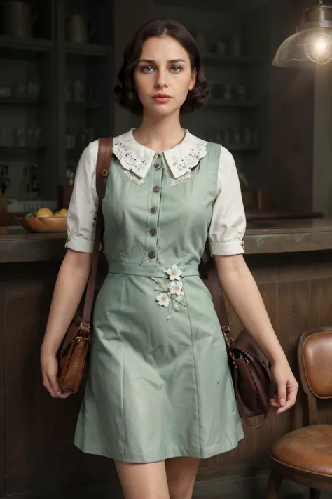 1930s Fashion, professional photo of 40yo woman in (simple) light green and white detailed floral dress with collar, brown leather bookbag, detailed buttons, 4k, 8k, high quality, perfect lighting, detailed face and detailed eyes, skin detail,  solo focus, photography raw, (bar), perfect lighting,  clean smooth skin, looking at camera, detailed eyes, pretty face, full body standing, photoshoot, <lora:1930sFashion2-000002:0.5>