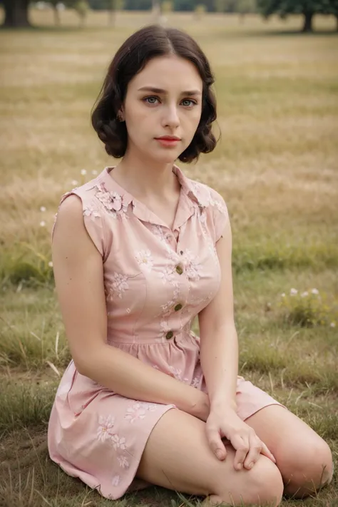 arafed woman sitting on the ground in a pink dress