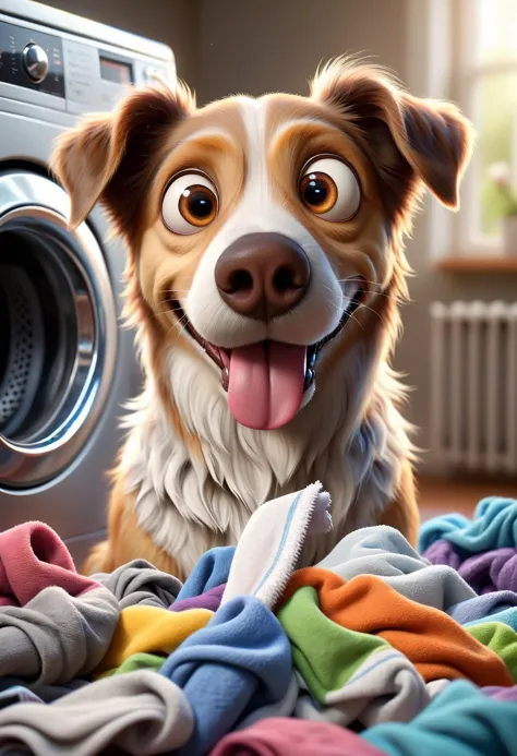 pixar style, a dog sniffing on an old dirty sock, large pile of dirty laundry, washing machine background, side view, large nostrils, funny face made of ral-drp, masterpiece, extremely detailed, highest quality,  <lora:add-detail-xl:1>, <lora:ral-drp:0.8>