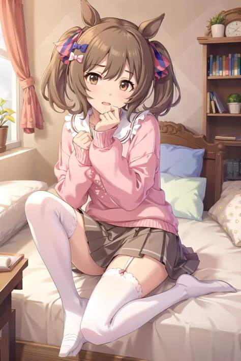 ultra-detailed, high resolution, extremely detailed cg, anime picture,(masterpiece, best quality:1.4), illustration ,1girl, smart falcon \(umamusume\), casual, hair bow, sleeves past wrists, puffy long sleeves, frilled collar, pink sweater, clothes writing, (brown skirt), pleated skirt, miniskirt, (white thighhighs), (pale pink panties), (pantyshot:1.4), (sitting:1.5), (leg up), on bed, full body, <lora:smart_falcon_loha:0.6>  <lora:deresute-v1.2:0.6>